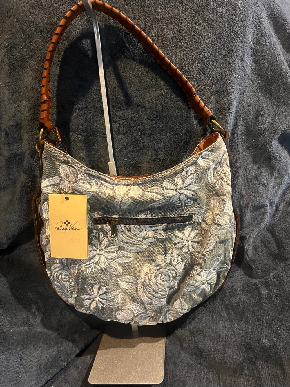 Patricia Nash Denim Floral Embroidered Bag with Brown Leather Strap